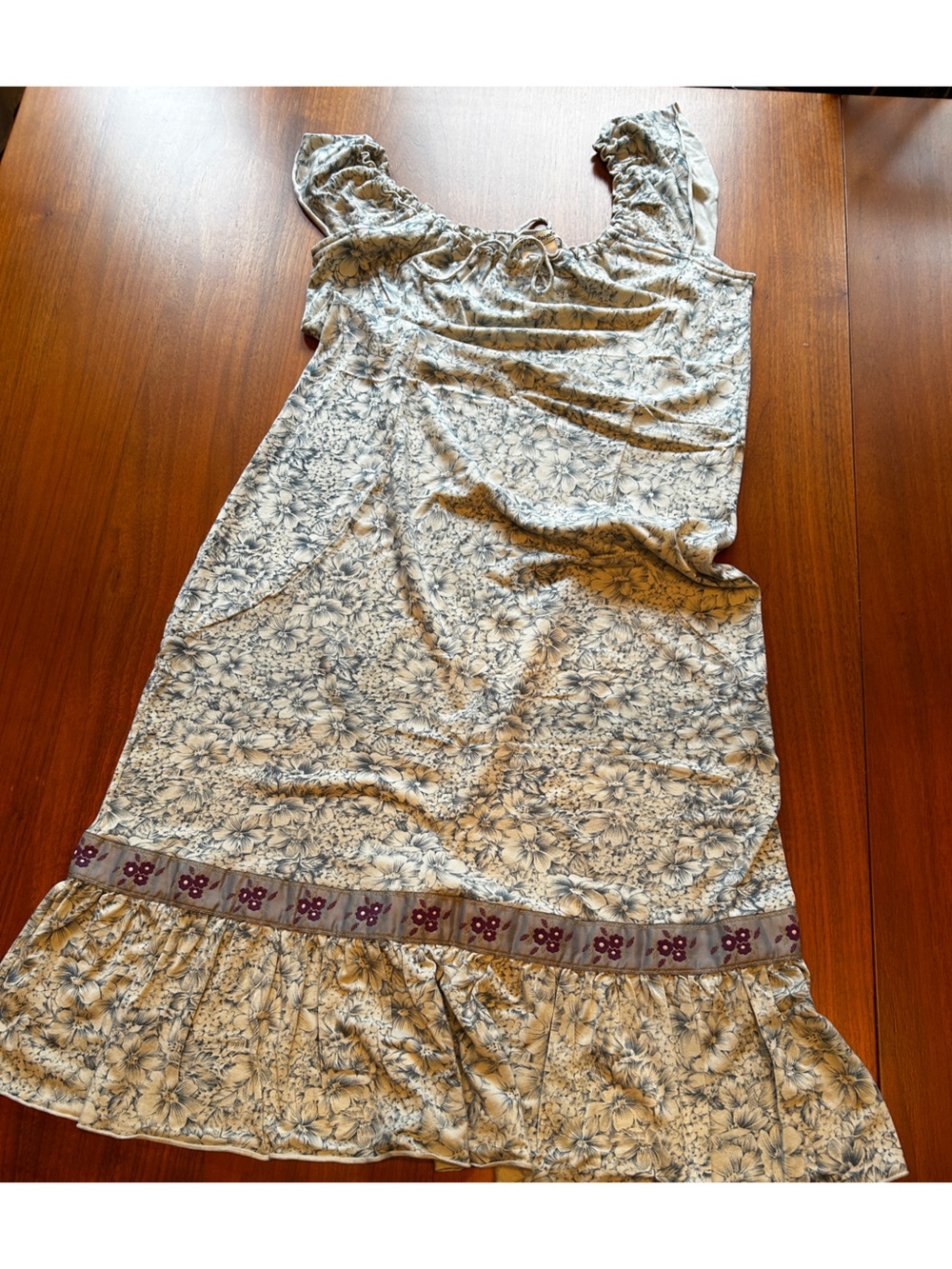 Free People Cream and Blue Floral Dress with Embroidered Waistband Sm